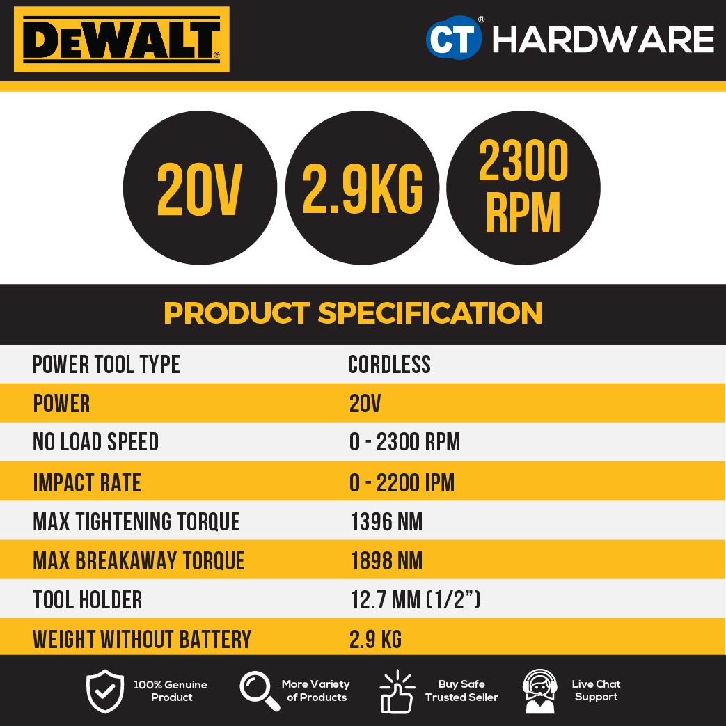 DEWALT DCF900P2T XR 20VMAX BRUSHLESS HIGH TORQUE 1/2" IMPACT WRENCH COME WITH 2x 5.0AH BATTERY & 1x CHARGER