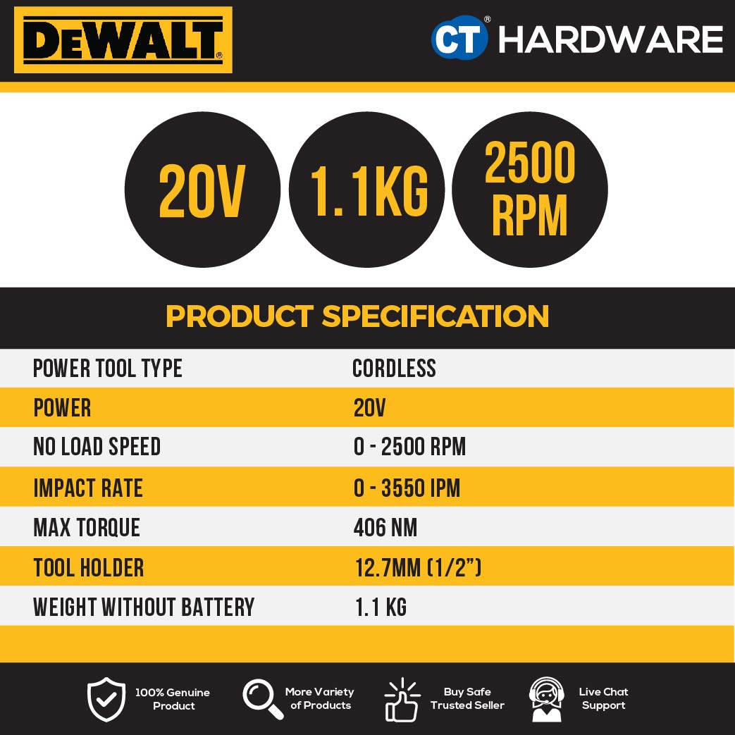 DEWALT DCF922D2 CORDLESS BRUSHLESS ATOMIC IMPACT WRENCH 1/2" 20V 2.0AH COME WITH 2 BATTERY 1 CHARGER