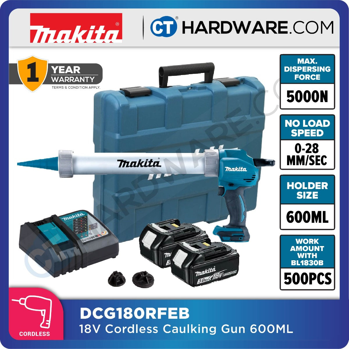 Makita DCG180RFEB LXT 18V Cordless Caulking Gun 600ml Incl. 2x 3.0Ah Battery, 1x Charger