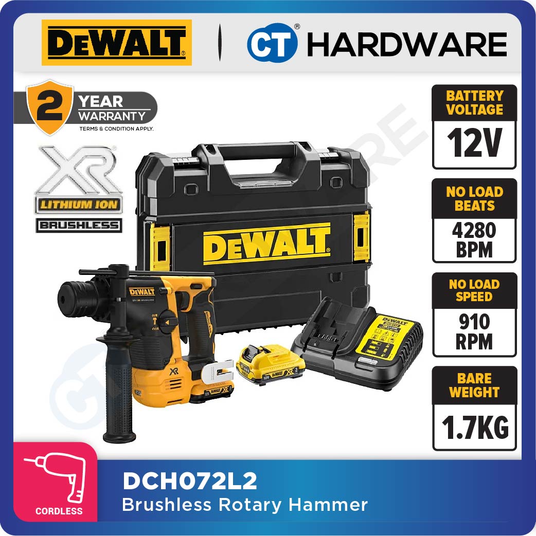 DEWALT DCH072L2 CORDLESS BRUSHLESS ROTARY HAMMER 12V 3.0AH 1.0J 4280BPM COME WITH 2 BATTERY 1 CHARGER