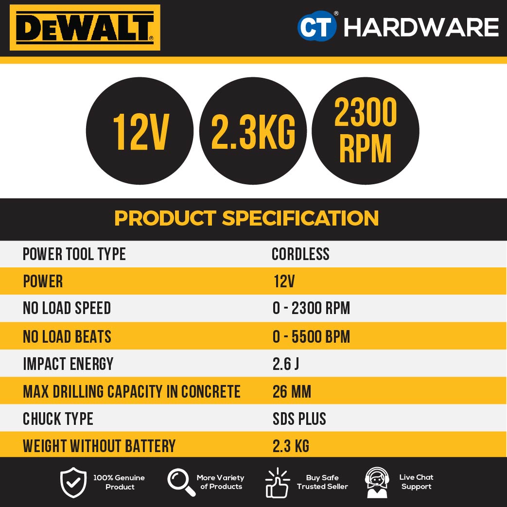DEWALT DCH133P2-KR BRUSHLESS COMPACT HAMMER 18V 2.0AH 26MM 1550RPM ( SDS ) COME WITH 2 BATTERY & 1 CHARGER