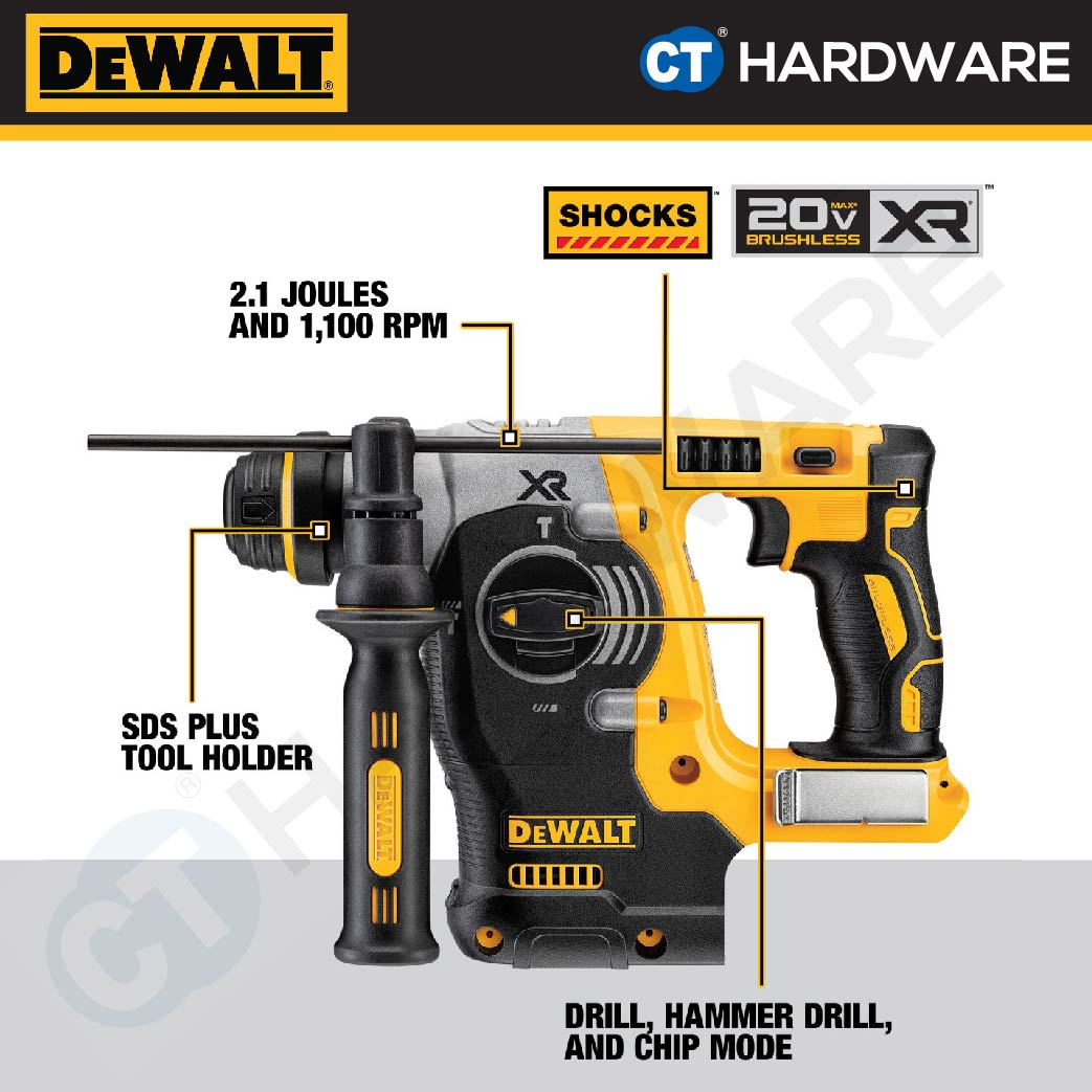 DEWALT DCH273P2 BRUSHLESS ROTARY HAMMER 3 MODE 20V 5.0AH 24MM 2.4J 1100RPM COME WITH 2 BATTERY 1 CHARGER