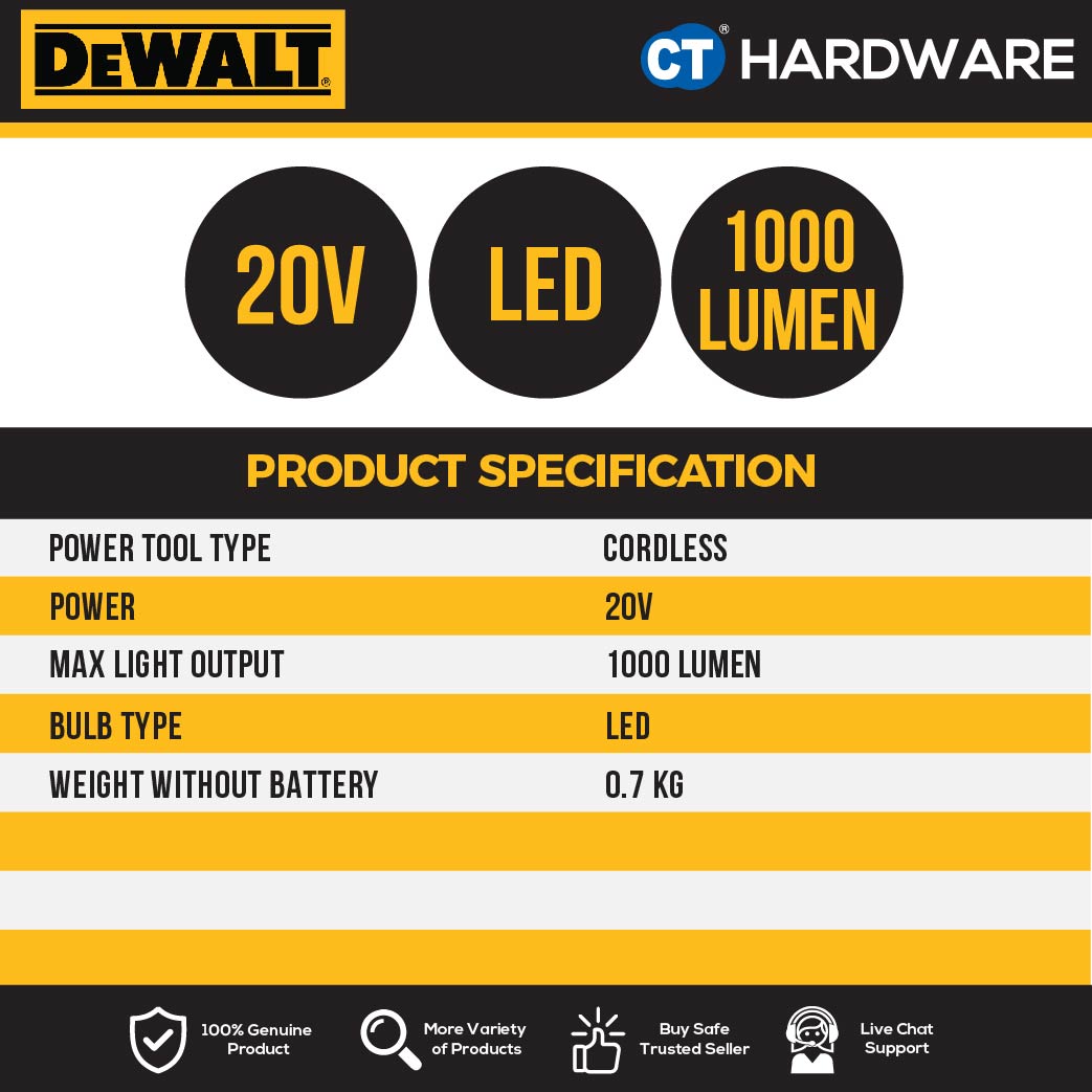 DEWALT DCL050 CORDLESS LED WORKLIGHT 20V 250-500LM WITHOUT BATTERY AND CHARGER ( BARE UNIT )