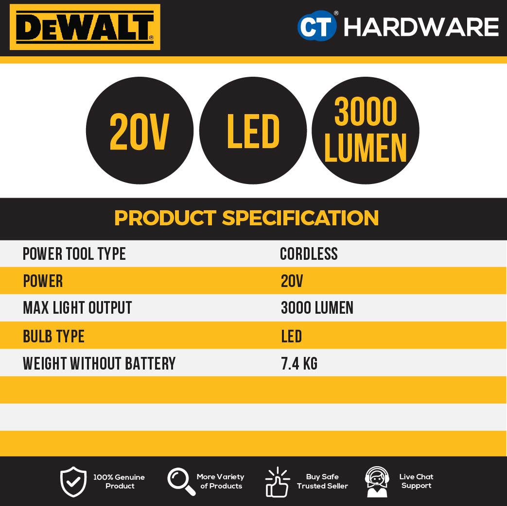 DEWALT DCL079 CORDLESS LED TRIPOD LIGHT 20V 3000LM WITHOUT BATTERY AND CHARGER ( BARE UNIT )