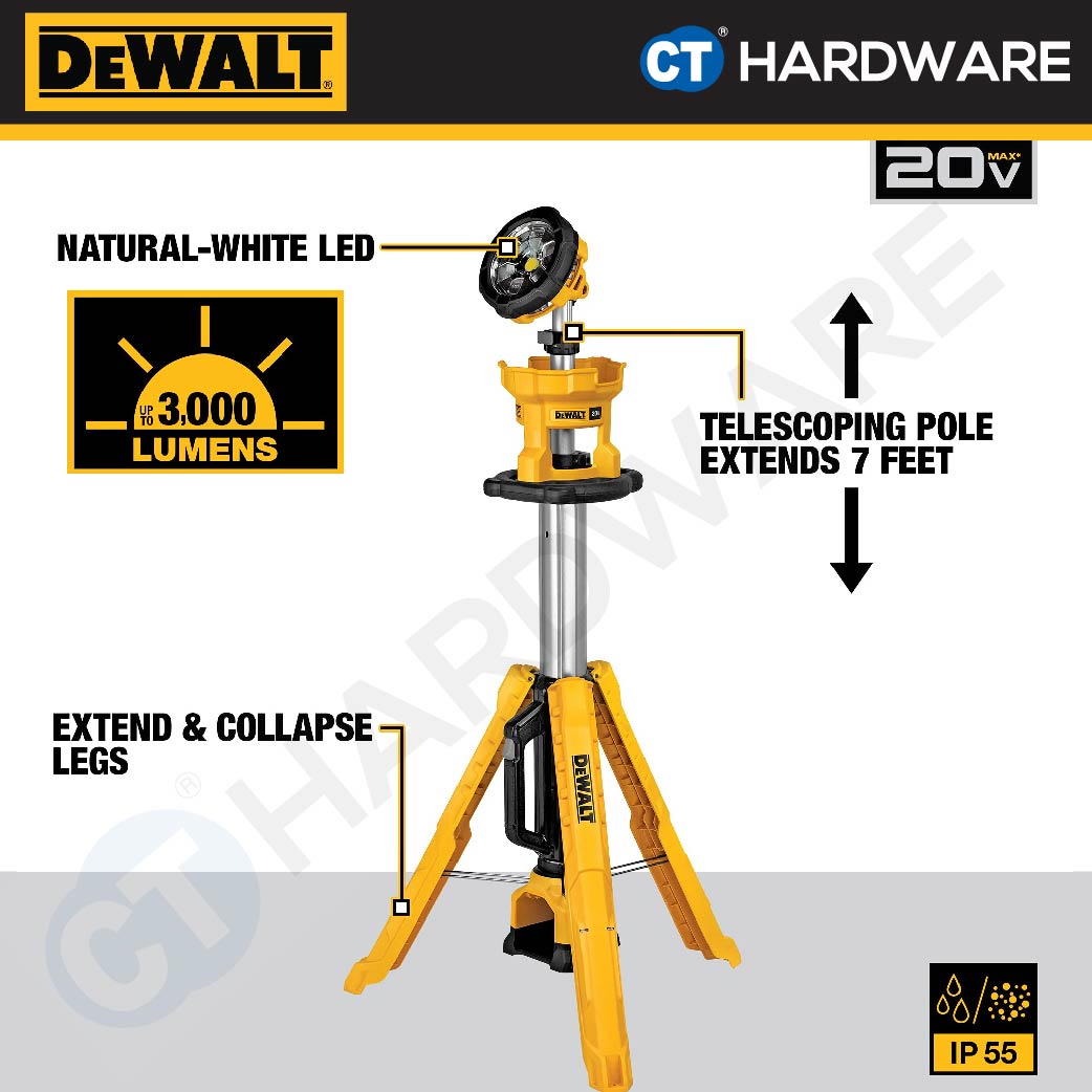 DEWALT DCL079 CORDLESS LED TRIPOD LIGHT 20V 3000LM WITHOUT BATTERY AND CHARGER ( BARE UNIT )
