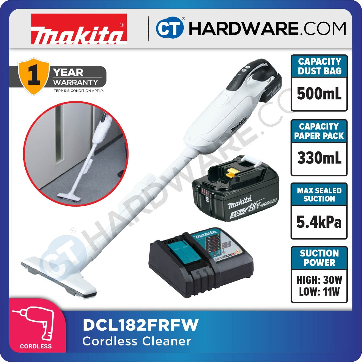 Makita DCL182FZW/ FRFW LXT 18V Cordless Cleaner 500ml 5.4kPa (Body Only | 1-Battery)