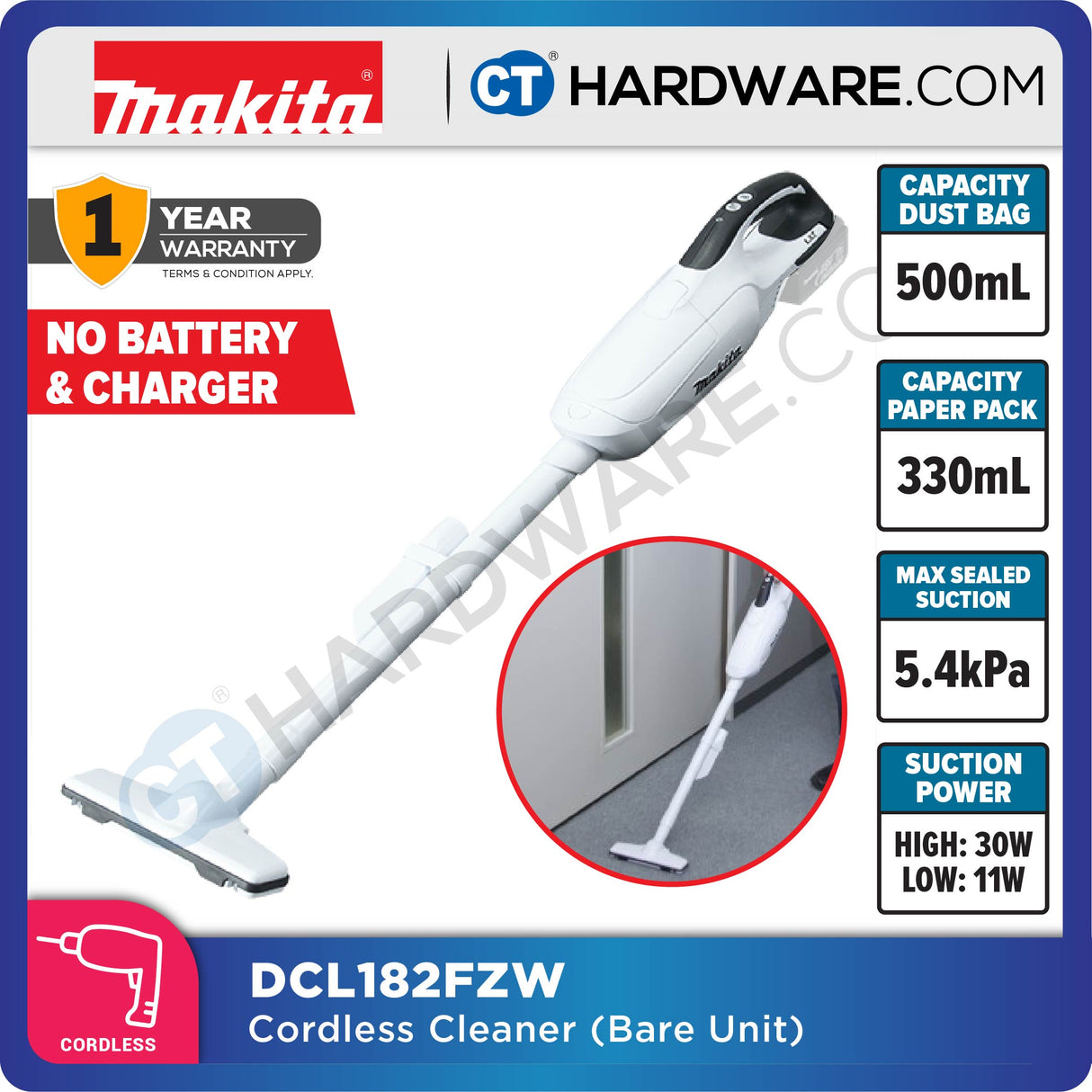 Makita DCL182FZW/ FRFW LXT 18V Cordless Cleaner 500ml 5.4kPa (Body Only | 1-Battery)