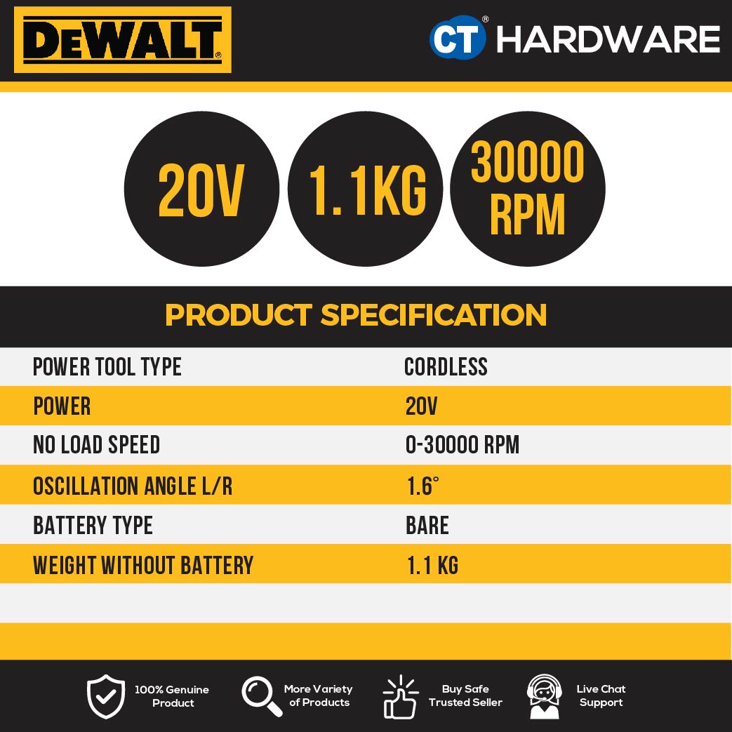 DEWALT DCS355N CORDLESS BRUSHLESS OSCILLATING MULTI TOOL 20V 20000OPM WITHOUT BATTERY & CHARGER (BARE UNIT)