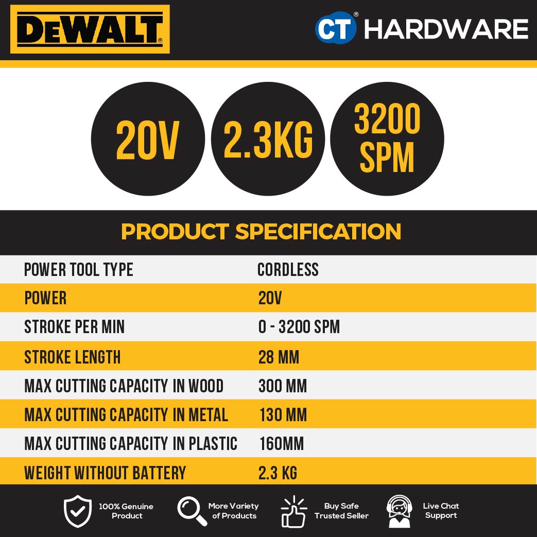 DEWALT DCS382NT CORDLESS BRUSHLESS RECIPROCATING SAW 20V 3200SPM WITHOUT BATTERY AND CHARGER ( BARE UNIT )