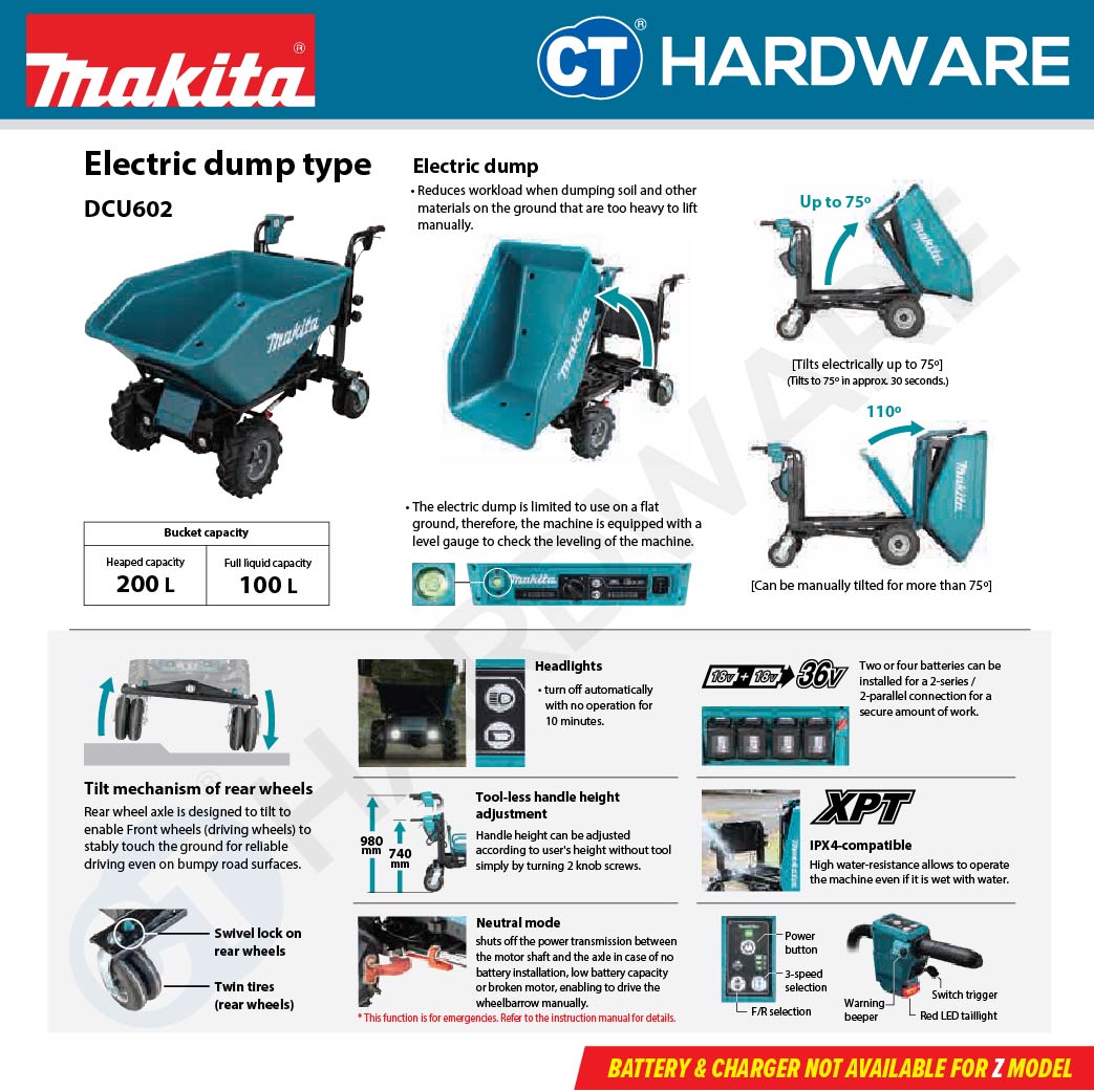 Makita DCU602Z LXT 18Vx2 Cordless Wheelbarrow 300kg (Body Only)