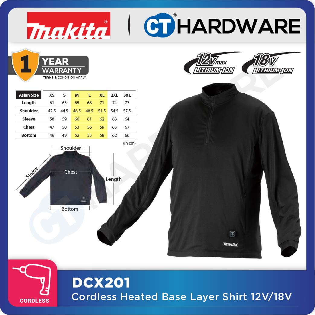 Makita DCX201 Cordless Heated Base Layer Shirt 12V / 18V (Size M, L, XL) (Body Only)