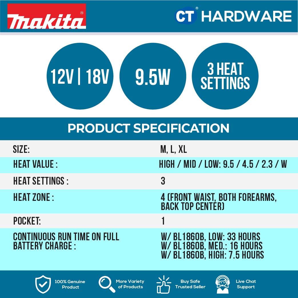 Makita DCX201 Cordless Heated Base Layer Shirt 12V / 18V (Size M, L, XL) (Body Only)
