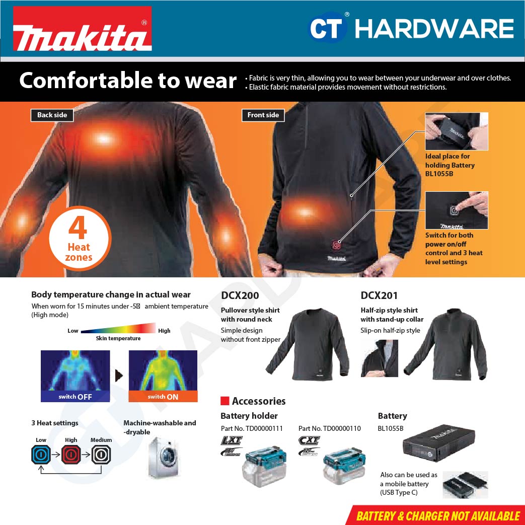 Makita DCX201 Cordless Heated Base Layer Shirt 12V / 18V (Size M, L, XL) (Body Only)
