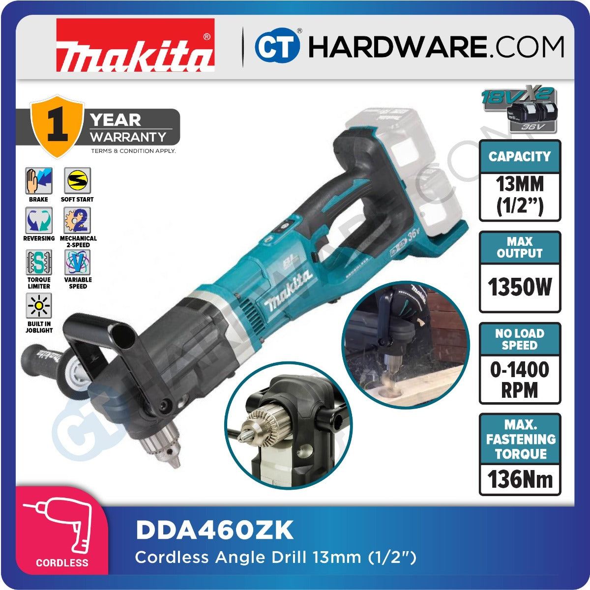 Makita DDA460ZK LXT 18V Cordless Brushless Angle Drill 13mm 48NM (Body Only)