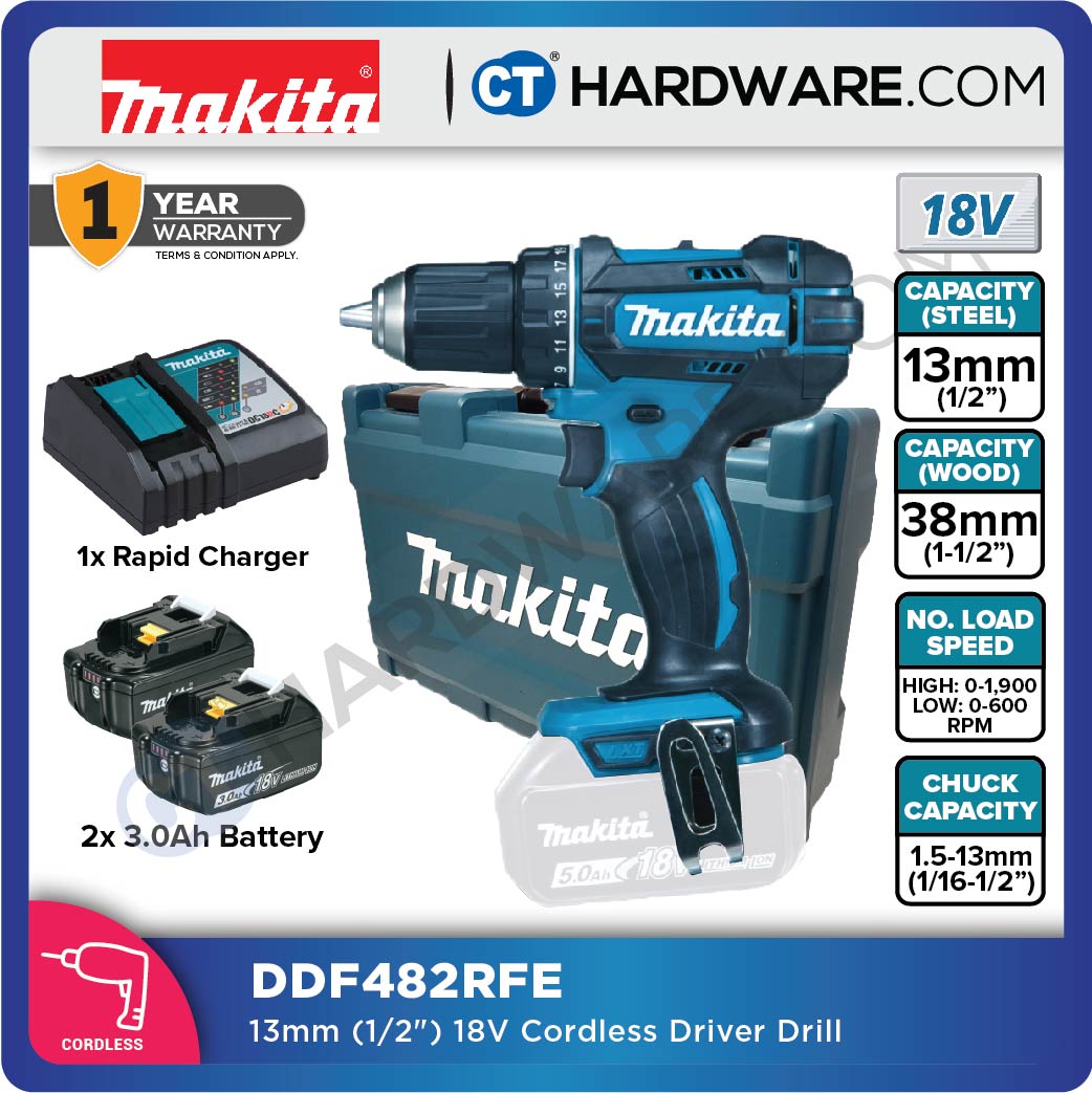 MAKITA DDF482 CORDLESS DRIVER DRILL 18V 3.0AH 13MM 600-1900RPM 1.5KG XPT