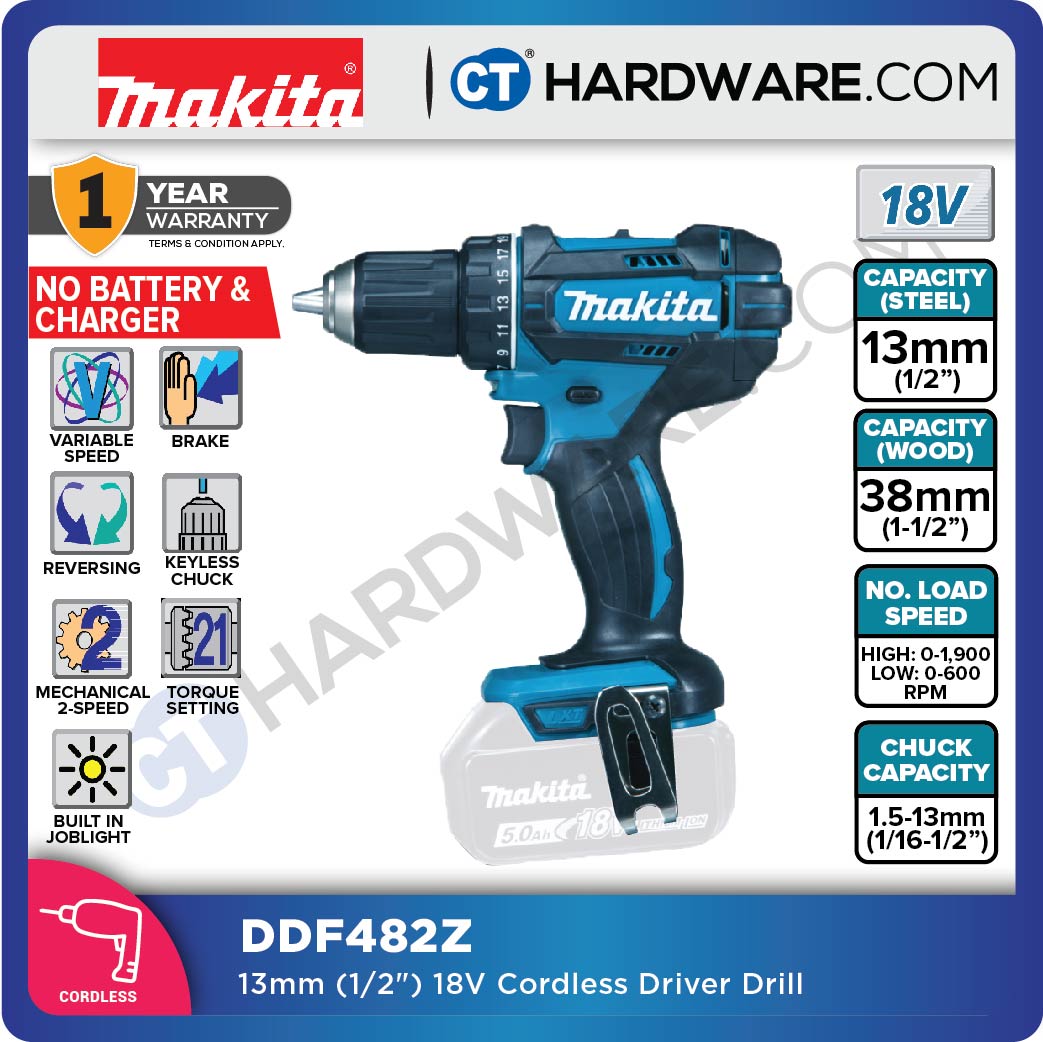 MAKITA DDF482 CORDLESS DRIVER DRILL 18V 3.0AH 13MM 600-1900RPM 1.5KG XPT