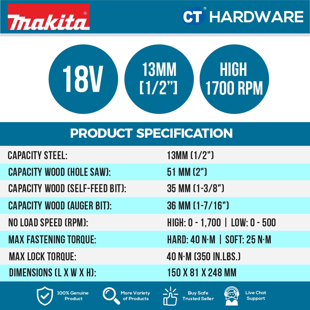 Makita DDF487RAJ/ Z LXT 18V Cordless Brushless Driver Drill 13mm 40NM (Body Only)