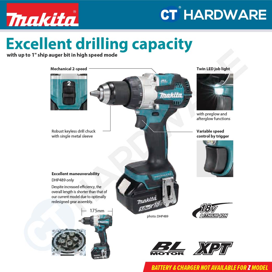 Makita DDF489Z/ RTJ LXT 18V Cordless Brushless Driver Drill 13mm 80NM (Body Only | 2-Battery)