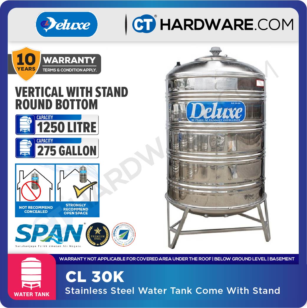 DELUXE CL30K STAINLESS STEEL WATER TANK WITH STAND 1250L ( 275 GALLONS) ROUND BOTTOM