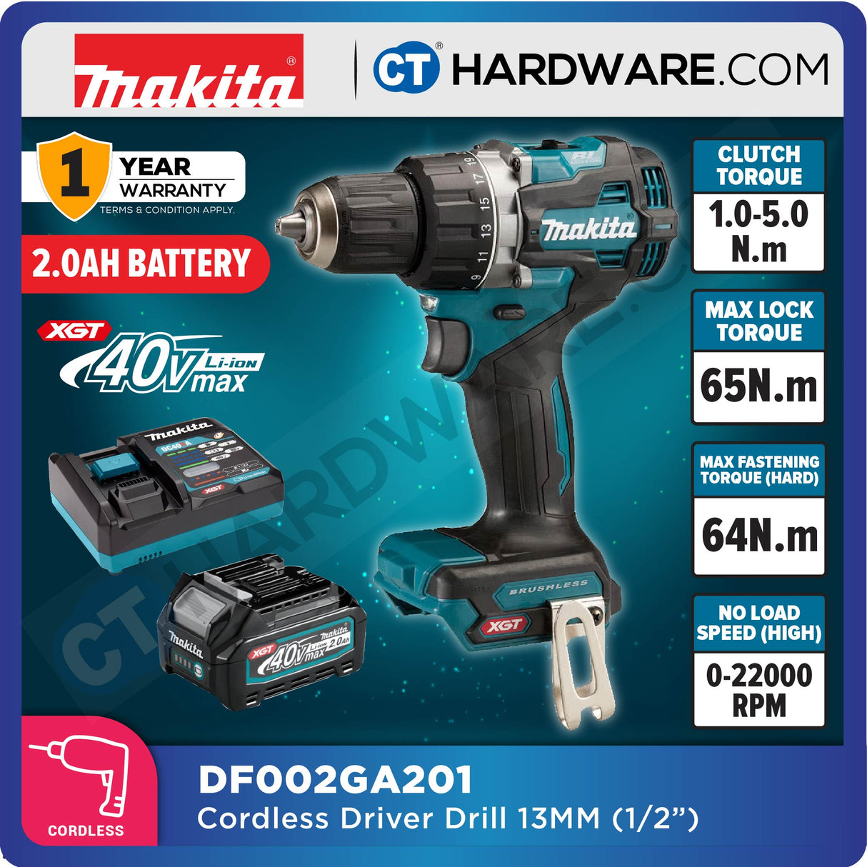 Makita DF002GD201/ GA201/ GZ XGT 40Vmax Cordless Brushless Driver Drill 13mm 65NM (Body Only | 2-Battery)