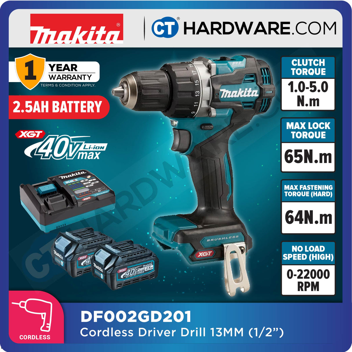 Makita DF002GD201/ GA201/ GZ XGT 40Vmax Cordless Brushless Driver Drill 13mm 65NM (Body Only | 2-Battery)