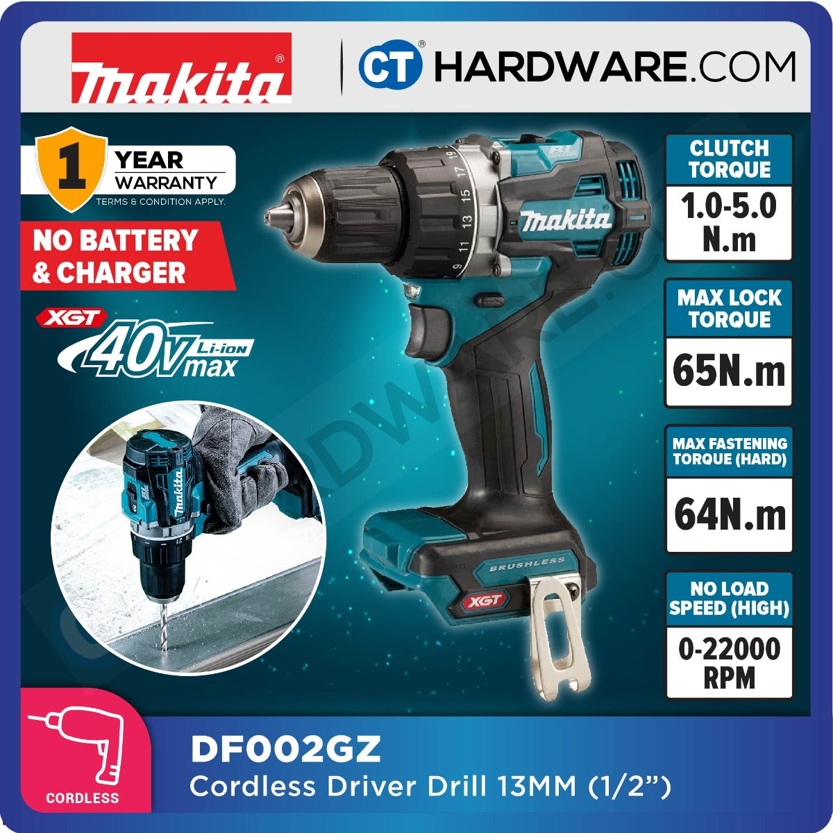 Makita DF002GD201/ GA201/ GZ XGT 40Vmax Cordless Brushless Driver Drill 13mm 65NM (Body Only | 2-Battery)