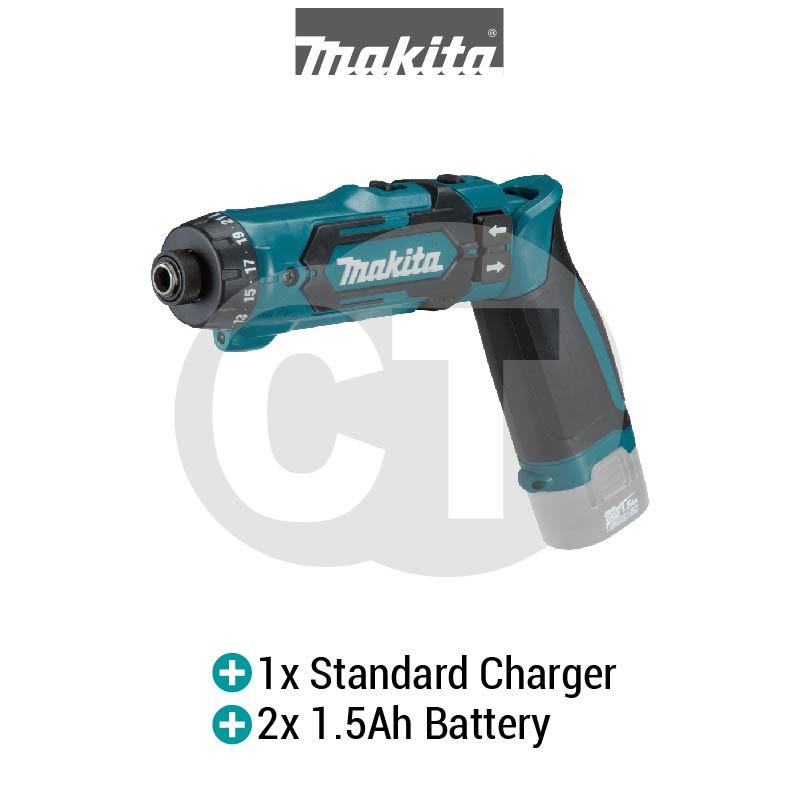 Makita DF012DSE 7.2V Cordless Driver Drill 1/4" 8NM Incl. 2x 1.5Ah Battery, 1x Charger