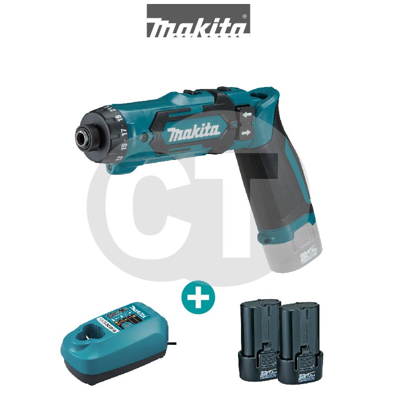 Makita DF012DSE 7.2V Cordless Driver Drill 1/4" 8NM Incl. 2x 1.5Ah Battery, 1x Charger