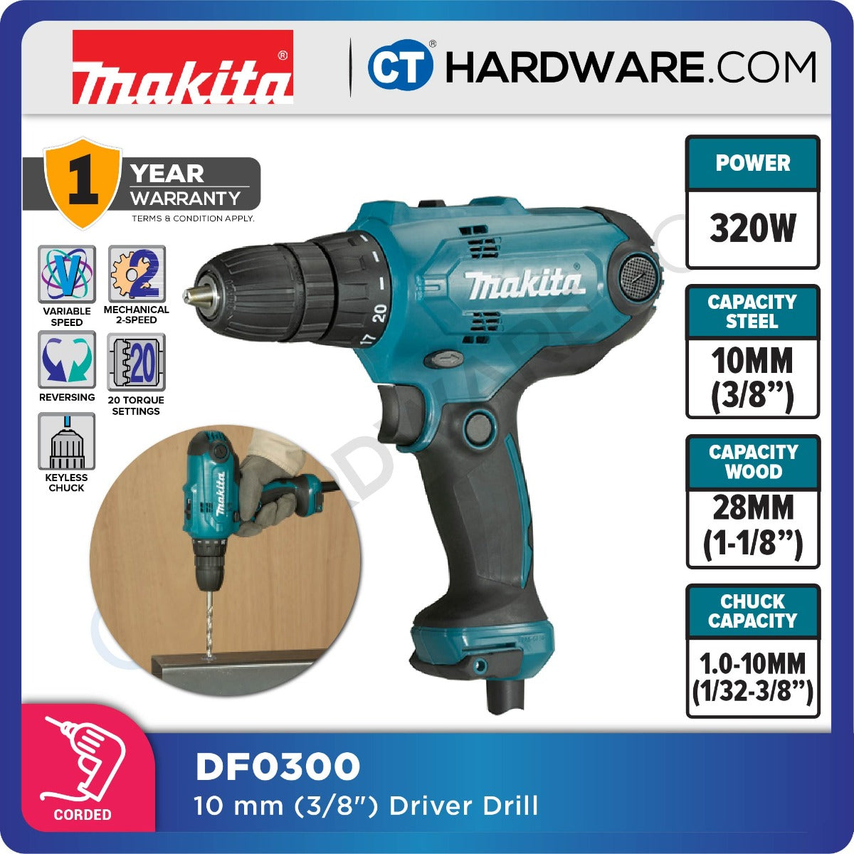 Makita DF0300 Driver Drill 10mm 320W 42NM With Keyless Chuck