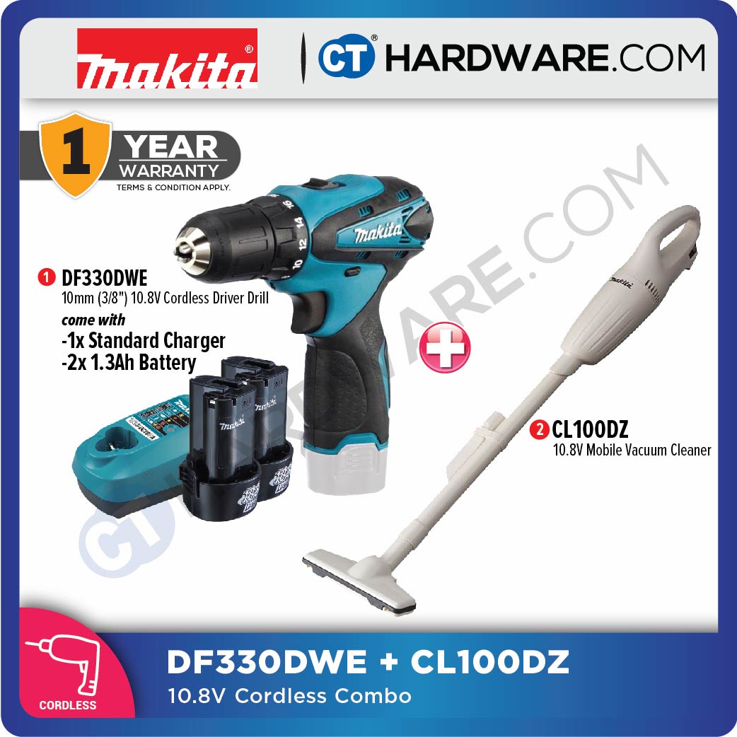 Makita CL100DZ 10.8V LITHIUM ION LXT WHITE VACUUM CLEANER + Makita DF331DWAE 10MM (3/8") 12V CORDLESS DRIVER DRILL (CXT SERIES)