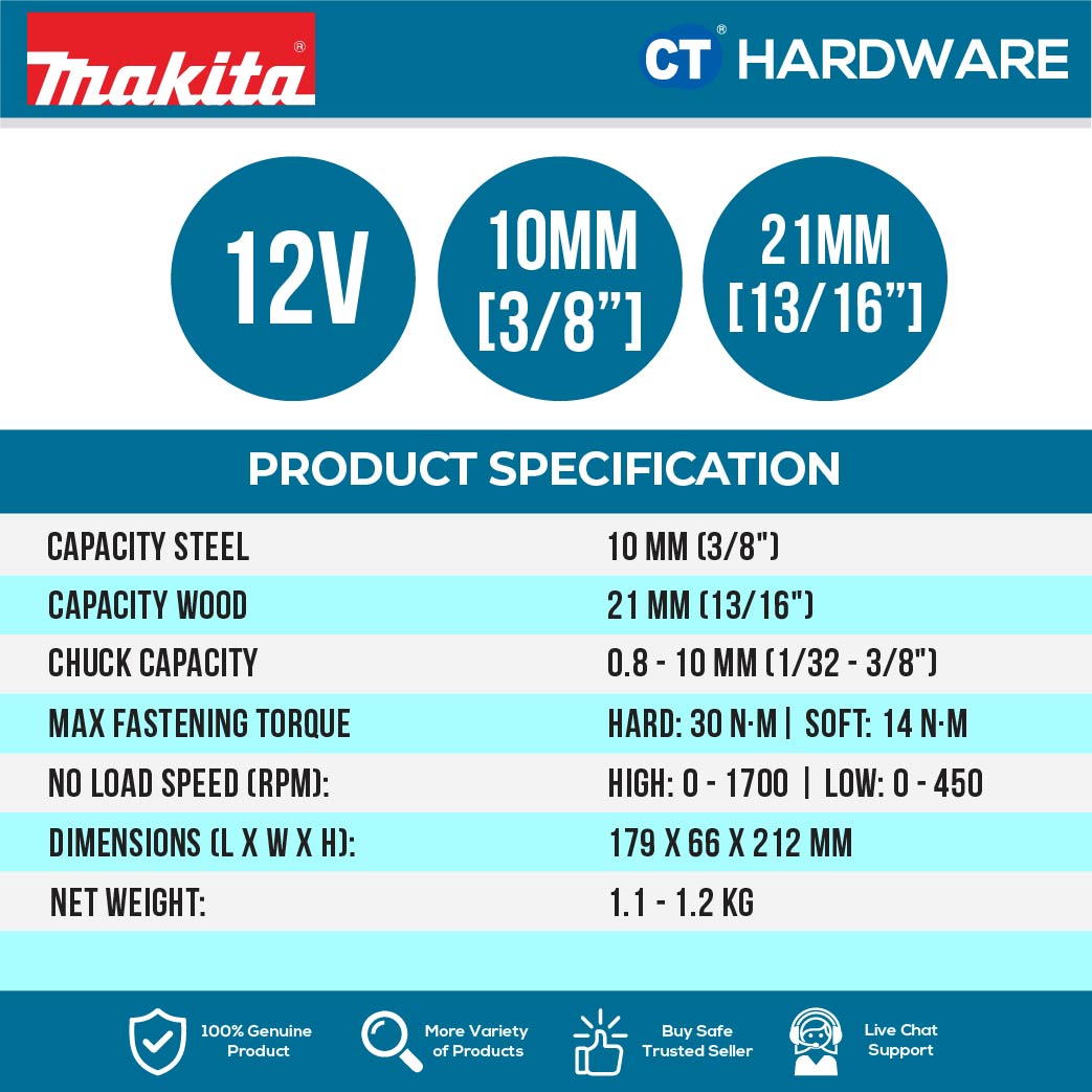 Makita DF333DSME/ DWAE/ DWYE/ DZ CXT 12Vmax Cordless Driver Drill 10mm 28NM (Body Only | 2-Battery)