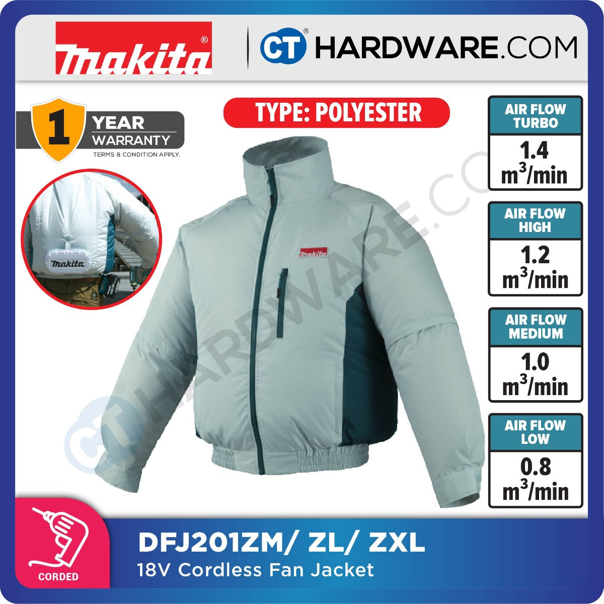 Makita DFJ201ZL LXT 18V Cordless Fan Jacket 4-Speed (Size L) (Body Only)