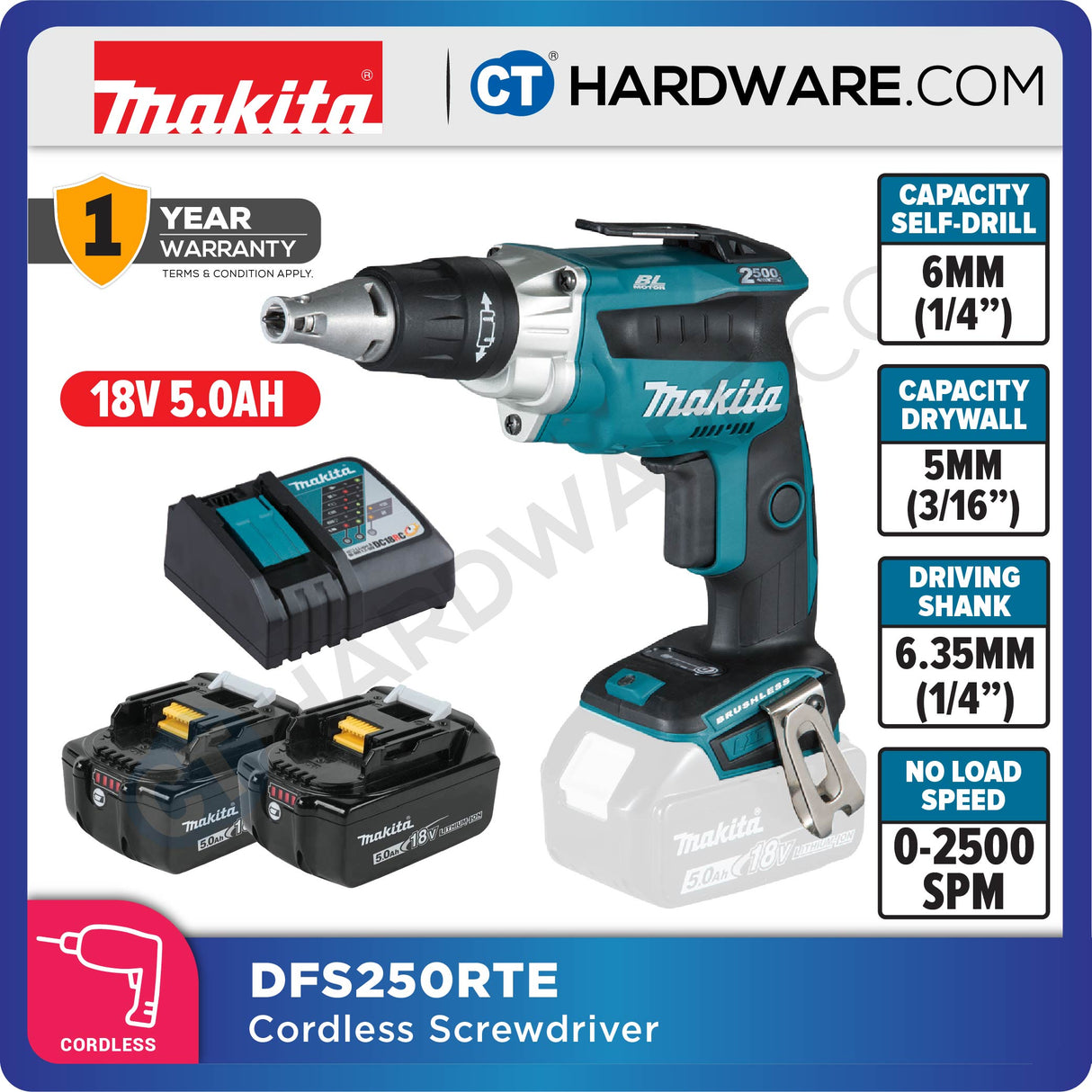 Makita DFS250RTE Cordless Screwdriver 18V with 2x 5.0Ah Batteries