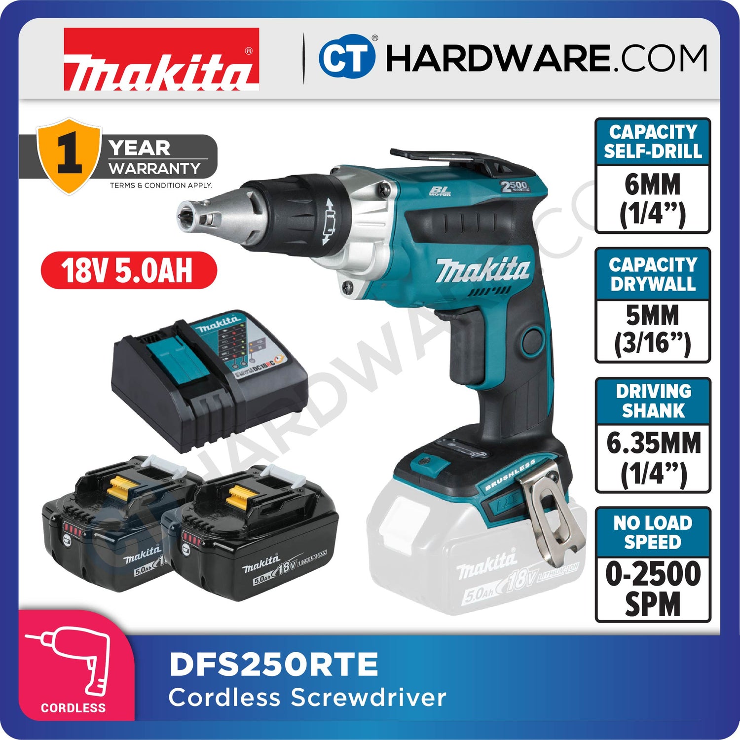 Makita DFS250RTE Cordless Screwdriver 18V with 2x 5.0Ah Batteries
