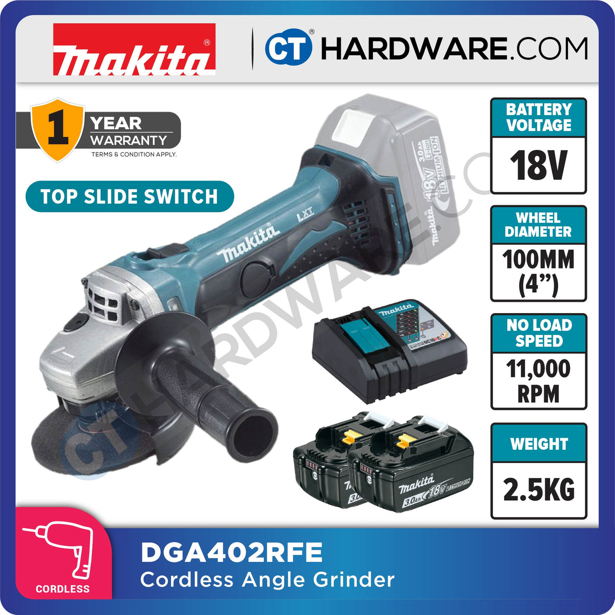 Makita DGA402RFE/ Z LXT 18V Cordless Brushless Angle Grinder 4" 100mm (Top Slide Switch) (Body Only | 2-Battery)