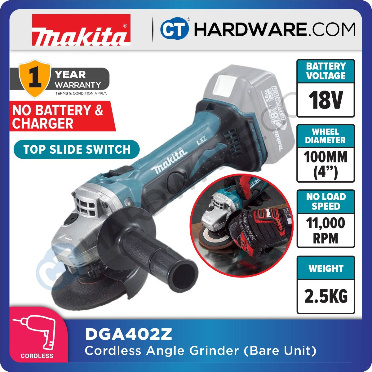 Makita DGA402RFE/ Z LXT 18V Cordless Brushless Angle Grinder 4" 100mm (Top Slide Switch) (Body Only | 2-Battery)