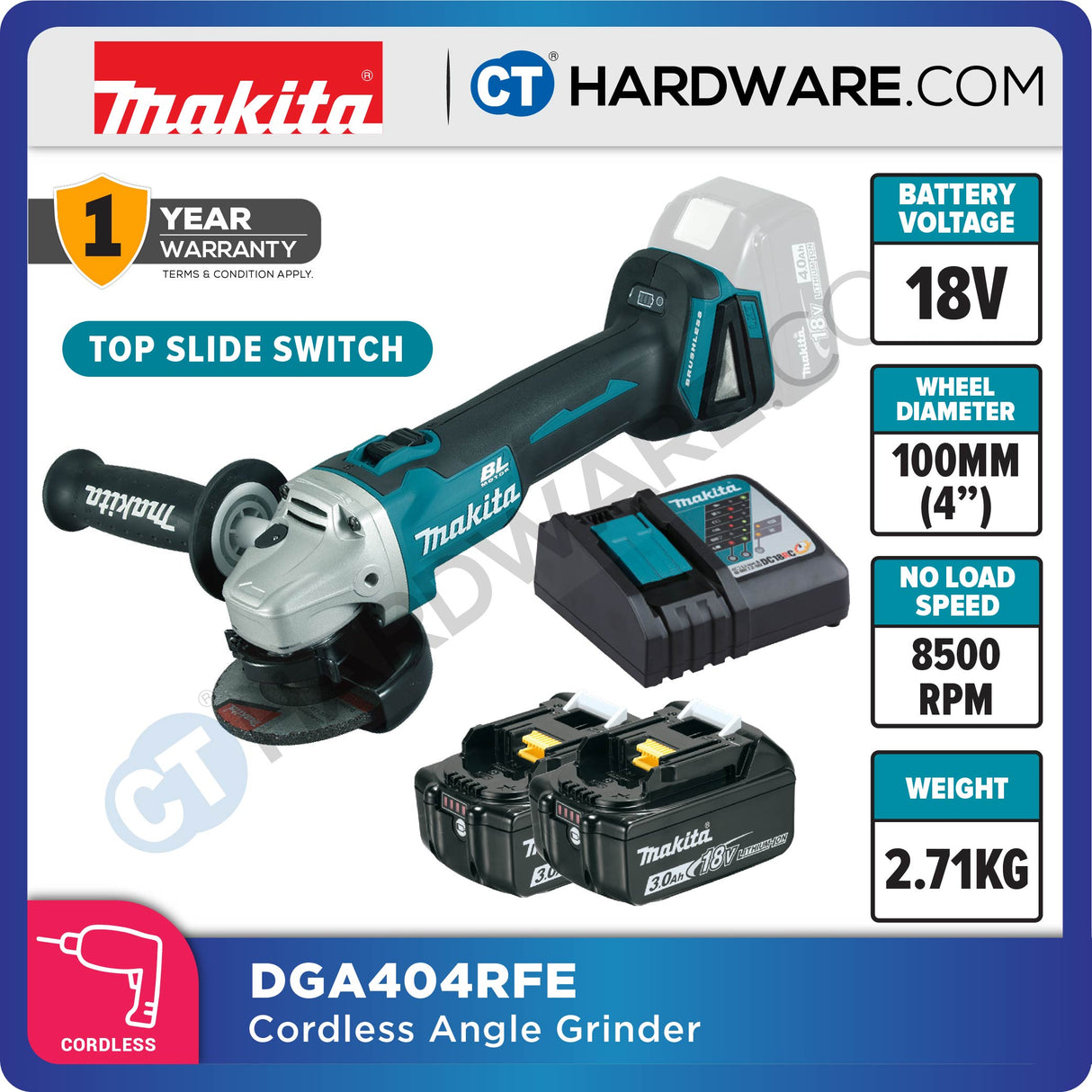 Makita DGA404RFE/ RTE/ Z LXT 18V Cordless Brushless Angle Grinder 4" 100mm (Body Only | 2-Battery)