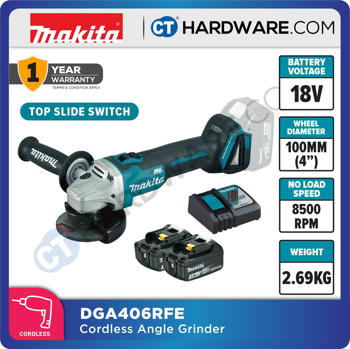 Makita DGA405Z/ RFE LXT 18V Cordless Brushless Angle Grinder 4" 100mm (Paddle Switch) (Body Only | 2-Battery)
