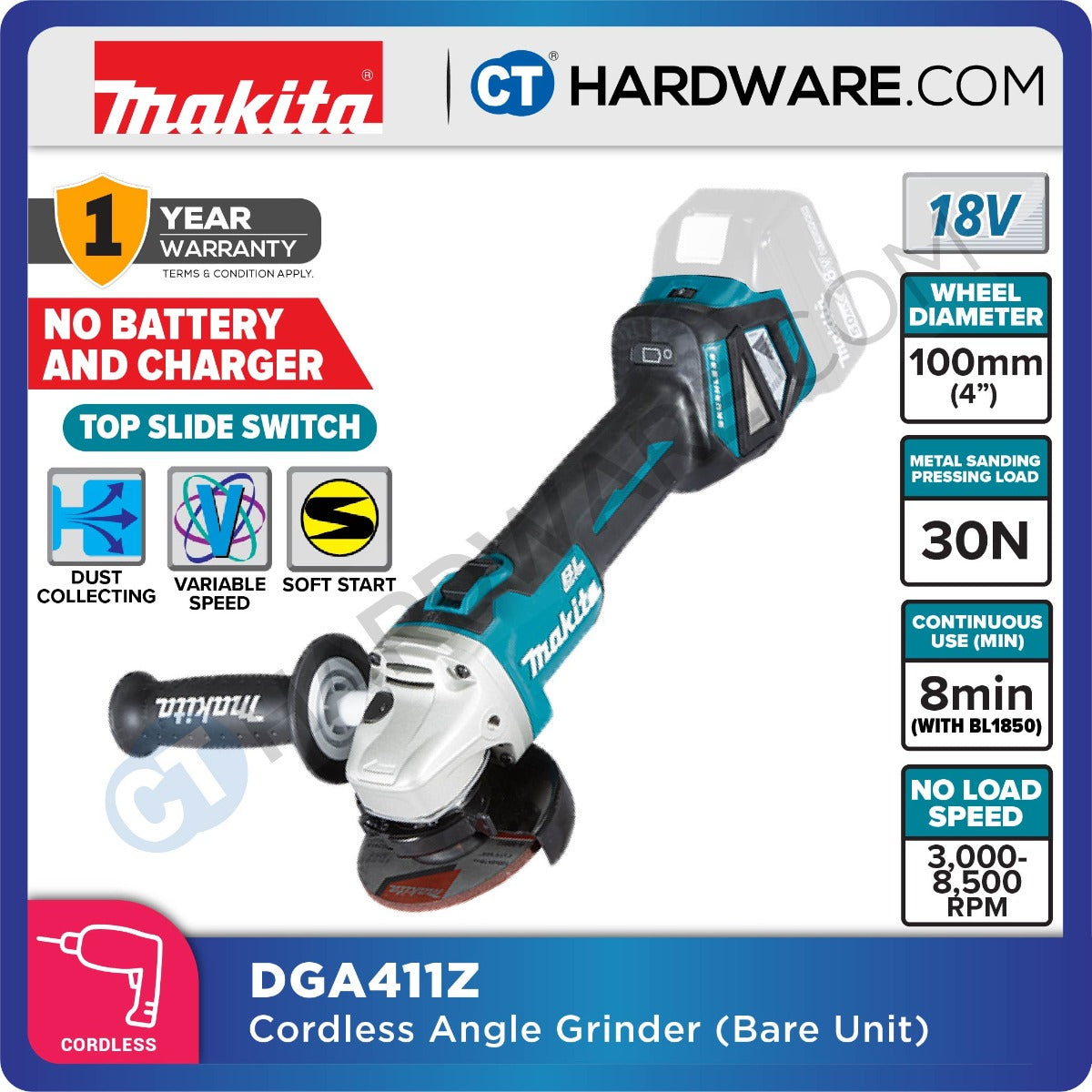 Makita DGA411Z LXT 18V Cordless Brushless Angle Grinder 18V 4" 100mm (Top Slide Switch) (Body Only)