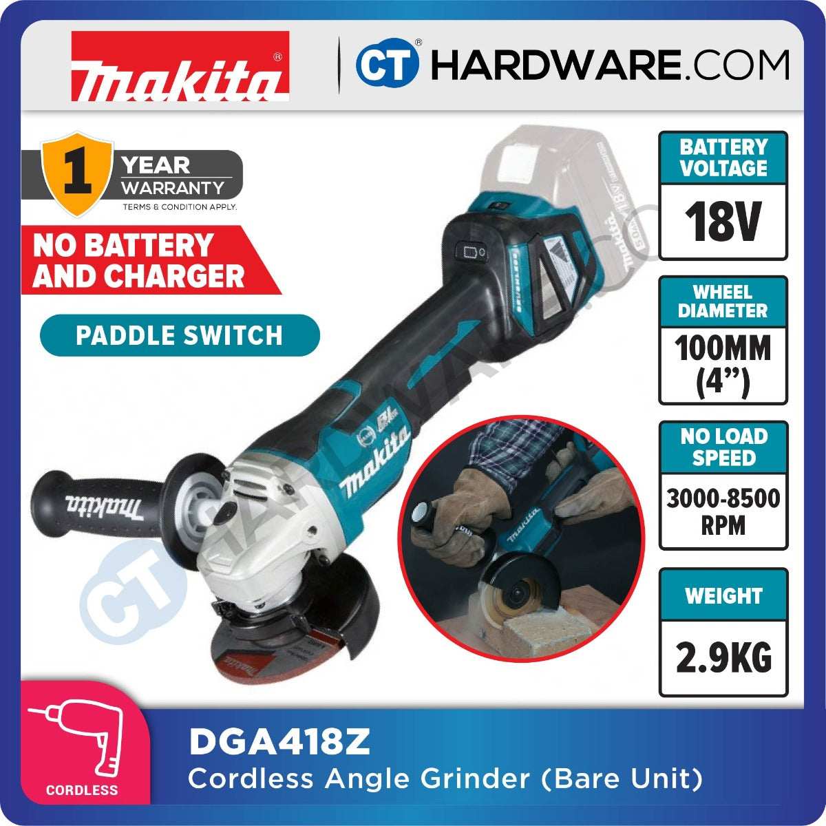 Makita DGA418Z LXT 18V Cordless Brushless Angle Grinder 18V 4" 100mm (Paddle Switch) (Body Only)