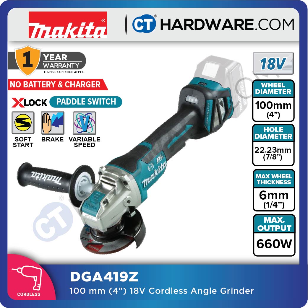 Makita DGA419Z LXT 18V Cordless Brushless Angle Grinder X Lock 4" 100mm (Paddle Switch) (Body Only)