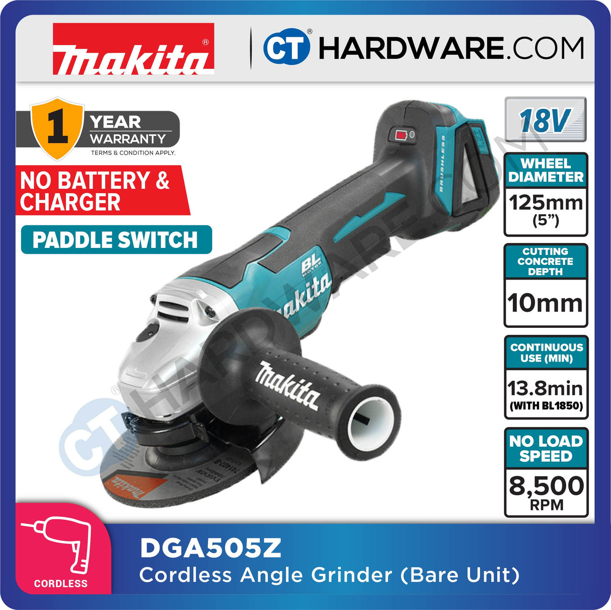 Makita DGA505RFE/ Z LXT 18V Cordless Brushless Angle Grinder 5" 125mm (Body Only | 2-Battery)