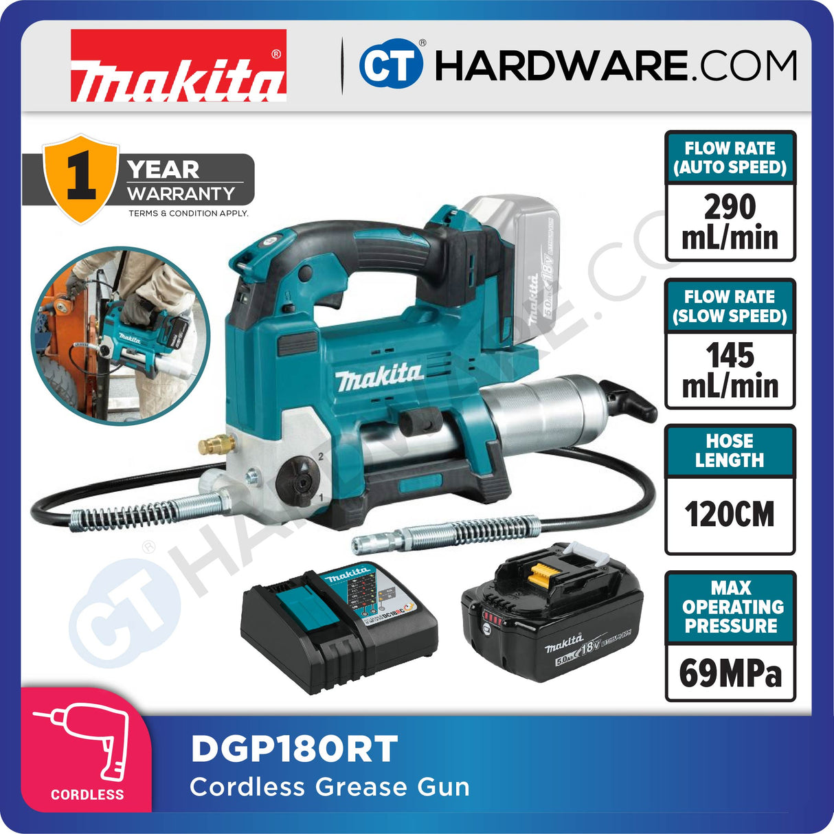 MAKITA DGP180RT/ Z CORDLESS GREASE GUN 18V 69MPA AUTO SPEED 290L/MIN