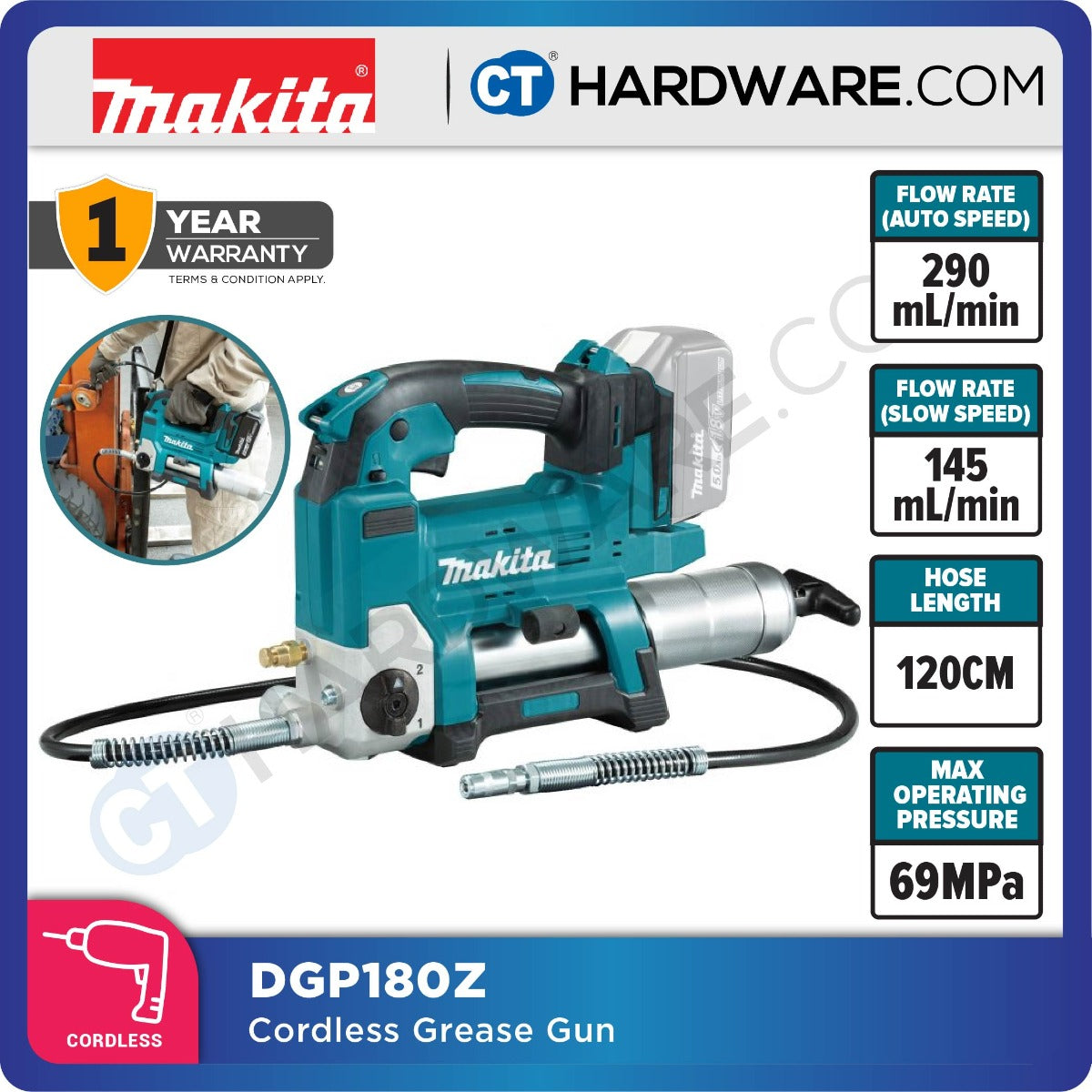 MAKITA DGP180RT/ Z CORDLESS GREASE GUN 18V 69MPA AUTO SPEED 290L/MIN