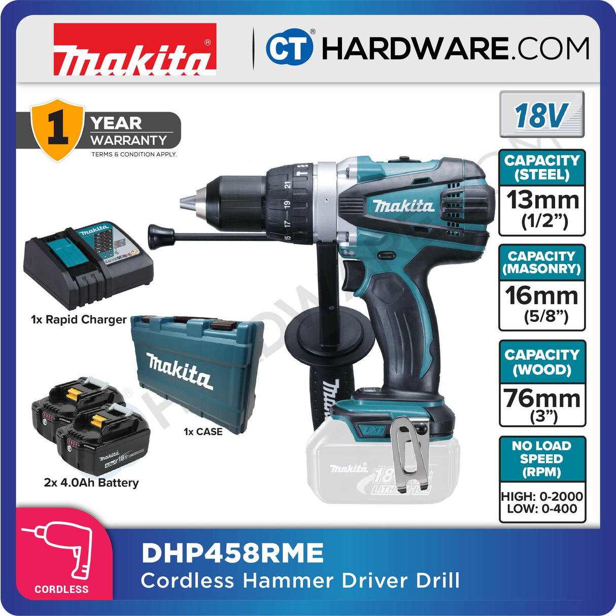 Makita DHP458RME/ RFE/ Z LXT 18V Cordless Hammer Driver Drill 13mm 84NM (Body Only | 2-Battery)