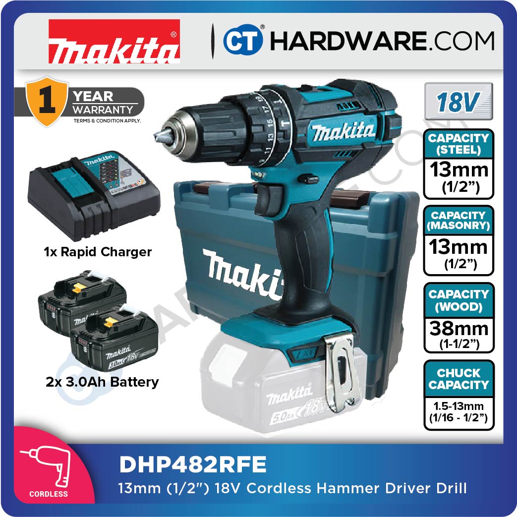 Makita DHP482RME/ RFE/ RFX1/ Z LXT 18V Cordless Hammer Driver Drill 13mm 54NM (Body Only | 1-Battery | 2-Battery)