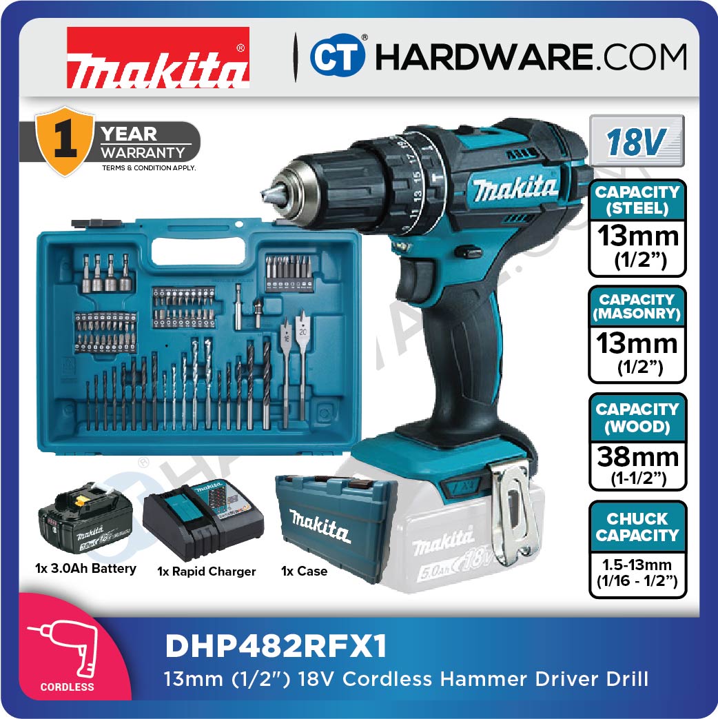 Makita DHP482RME/ RFE/ RFX1/ Z LXT 18V Cordless Hammer Driver Drill 13mm 54NM (Body Only | 1-Battery | 2-Battery)