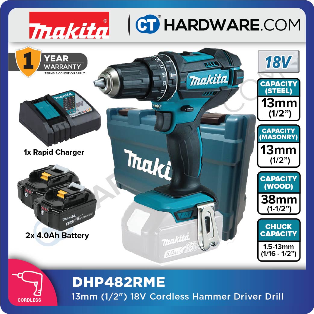 Makita DHP482RME/ RFE/ RFX1/ Z LXT 18V Cordless Hammer Driver Drill 13mm 54NM (Body Only | 1-Battery | 2-Battery)