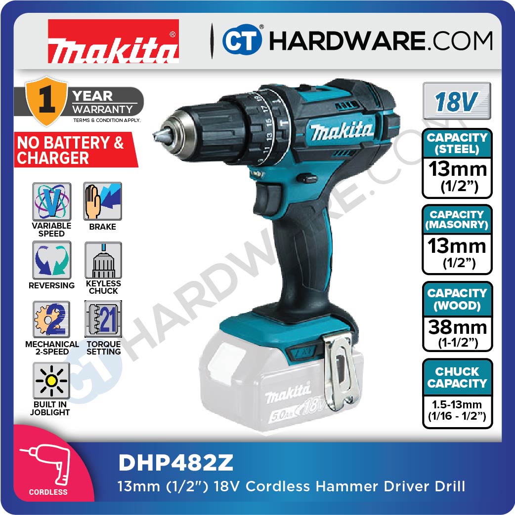Makita DHP482RME/ RFE/ RFX1/ Z LXT 18V Cordless Hammer Driver Drill 13mm 54NM (Body Only | 1-Battery | 2-Battery)