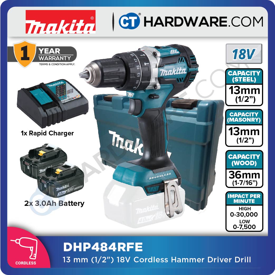 MAKITA DHP484RME/ RFE/ ZZ 13MM (1/2") CORDLESS HAMMER DRIVER DRILL WITH BRUSHLESS MOTOR (LXT SERIES)